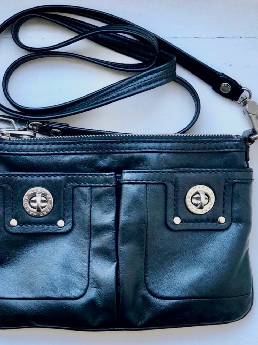 Marc Jacobs Black Leather Crossbody or shoulder bag with Silver Turnlock Accents